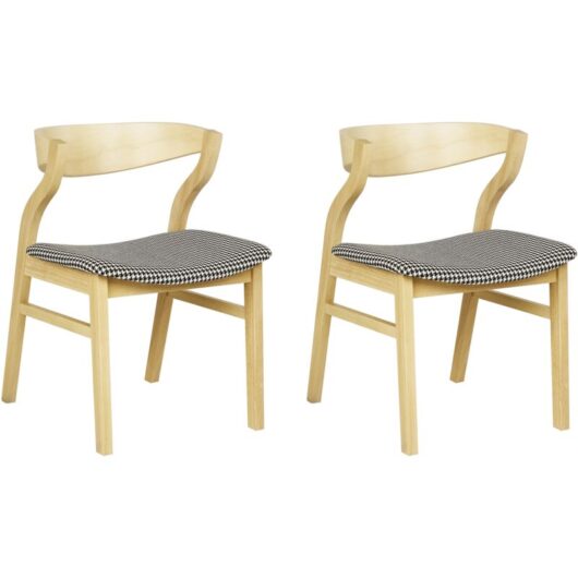 Retro Style Set of 2 Dining Chairs Upholstered Seat Fabric Houndstooth Light Wood Black and White Maroa