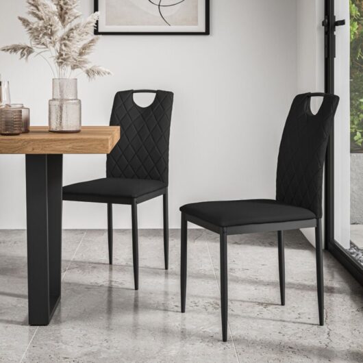 Set Of 2 Monza Faux Leather Dining Chair Modern Padded Seat Metal Legs Kitchen (Black)