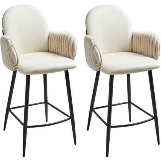 Set of 2 Bar Chairs Iron Legs Fabric Upholstery With Velvet Armrests Light Beige Amity