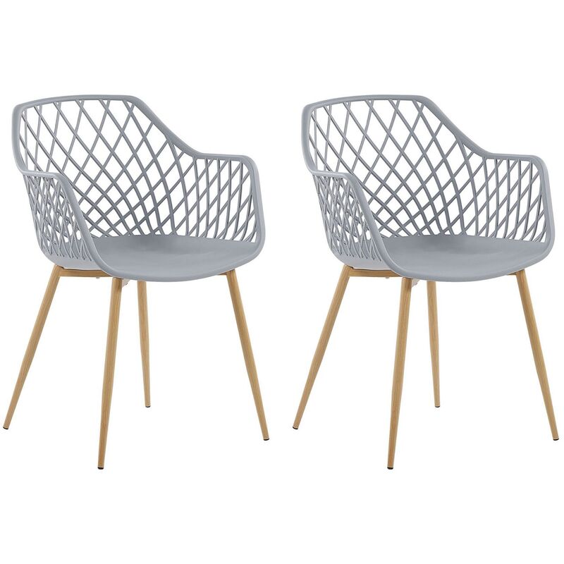 Set of 2 Dining Chairs Grey Synthetic Seat Light Wood Metal Legs Nashua