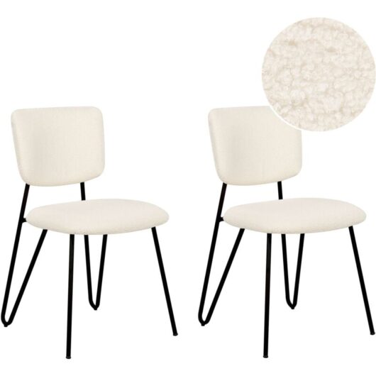 Set of 2 Modern Dining Chairs Boucle Upholstered Seat Armless Curved Back Black Legs Off-White Nelko