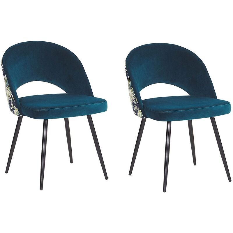 Set of 2 Vintage Velvet Dining Chairs Metal Legs Floral Pattern Blue Vivian