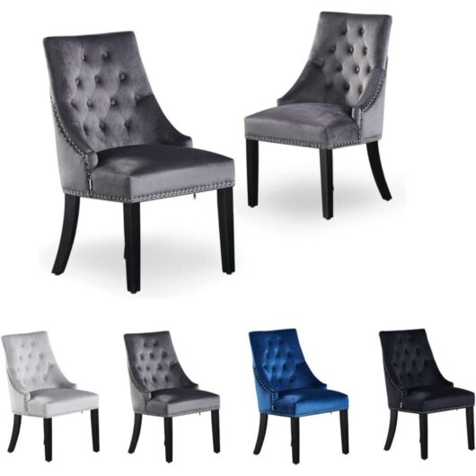 Set of 2 Windsor Velvet Dining Chairs - Ergonomic Scoop Knockerback and Solid Wood Legs - Tufted Side chair for Dining Room Kitchen Living Room