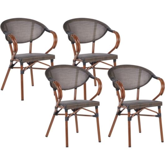 Set of 4 Garden Chairs Stacking Aluminium Frame Textile Seat Grey and Dark Wood Caspri ii