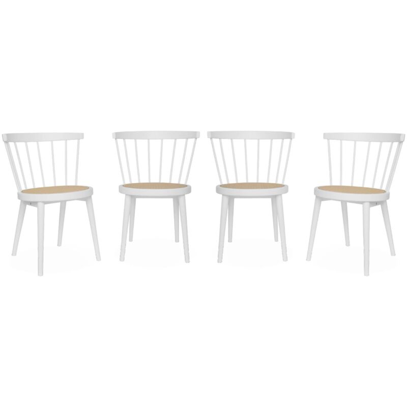 Set of 4 wooden and caned chairs, Nora, White, 53x53.5x76 cm