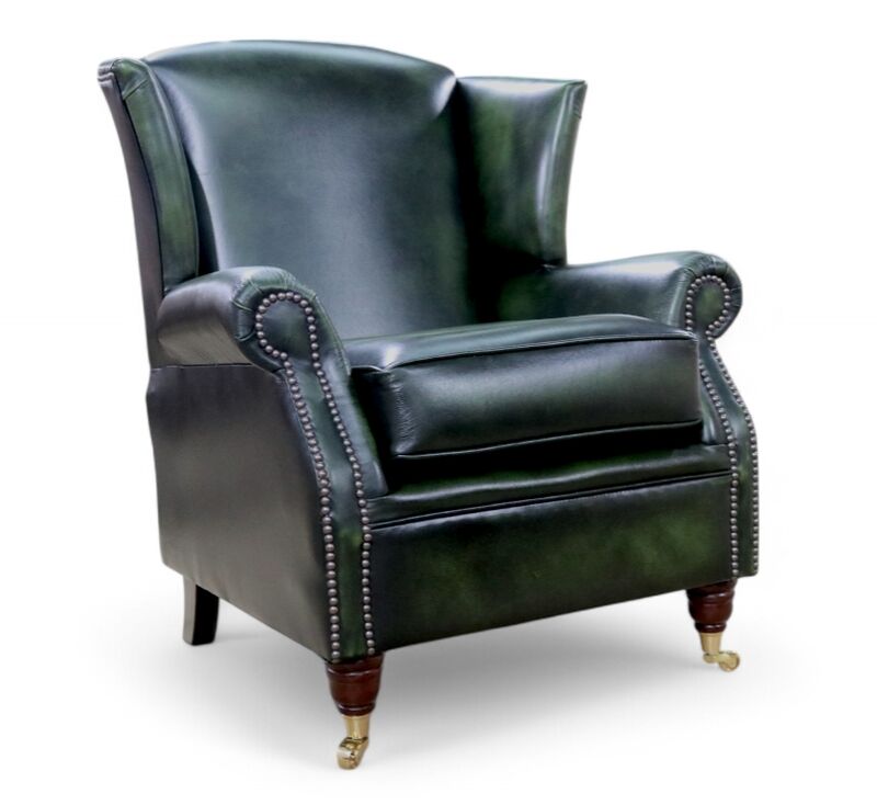 Southwold Chesterfield Wing Chair Fireside High Back Leather Armchair Antique Green Leather