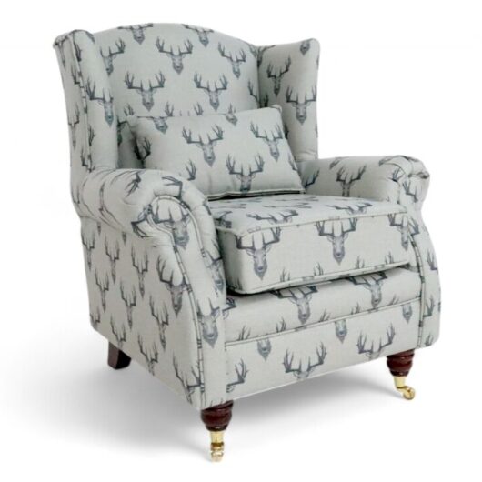Stag Head Wing Chair Fireside High Back Armchair Fabric