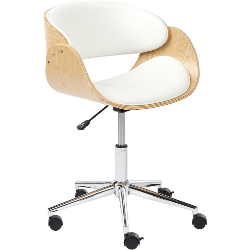 Stylish Office Chair Adjustable Swivel Function Plywood Faux Leather Seat Light Wood and White Palatka