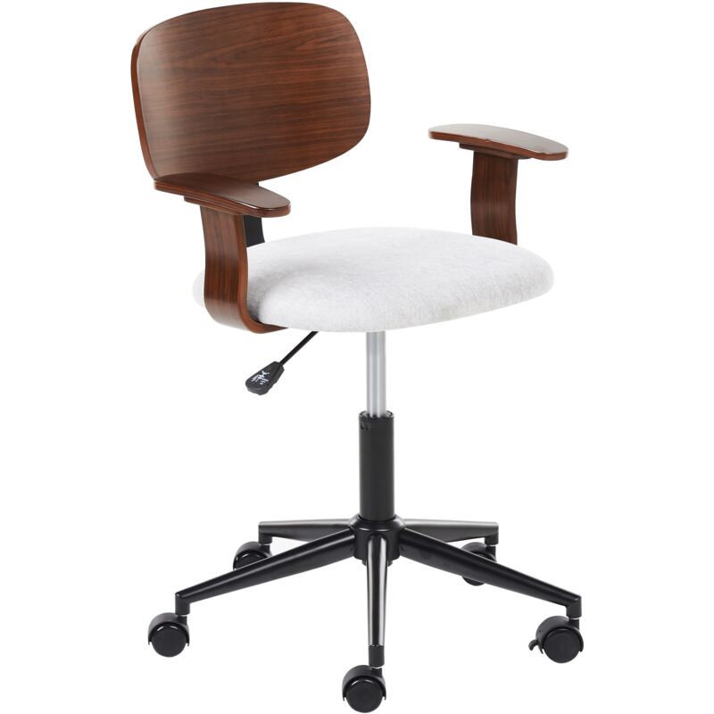 Stylish Office Chair Adjustable Swivel Function Plywood Polyester Fabric Seat Dark Wood and Light Grey Gunnison