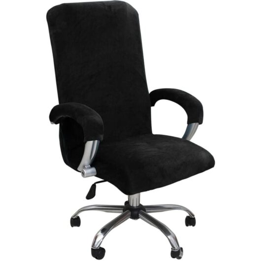 Tinor - Office Chair Cover with Armrest Plush Velvet Solid Color, Removable and Durable Elastic Fabric Chair Cover for Rotating Office Chair, Black(L)