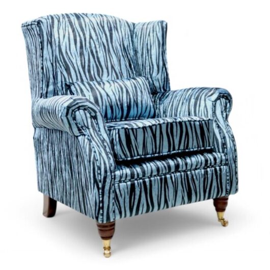 Wing Chair Fireside High Back Armchair Zebra Aqua Animal Print Fabric