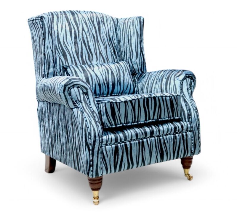 Wing Chair Fireside High Back Armchair Zebra Aqua Animal Print Fabric