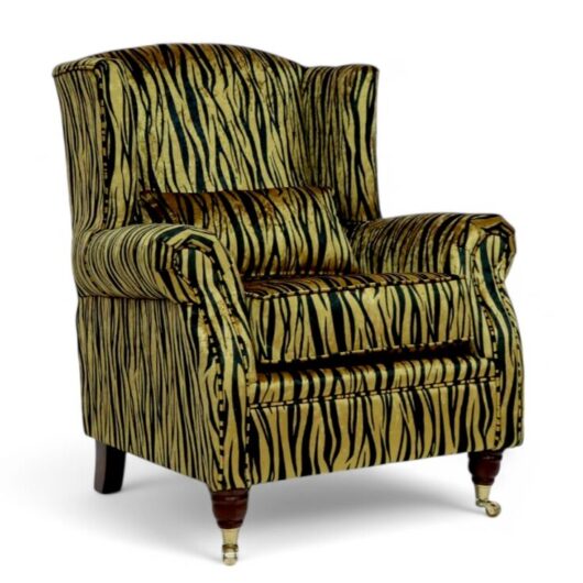 Wing Chair Fireside High Back Armchair Zebra Gold Animal Print Fabric