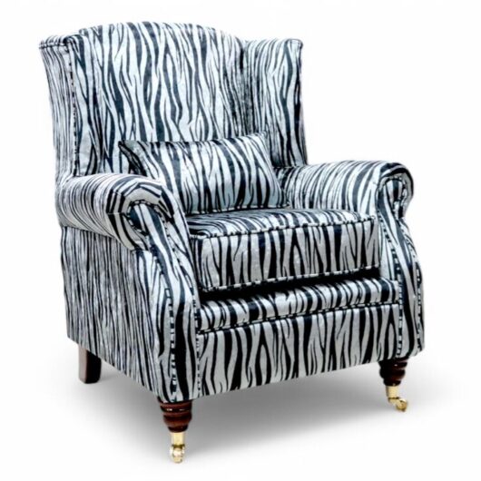 Wing Chair Fireside High Back Armchair Zebra Silver Animal Print Fabric