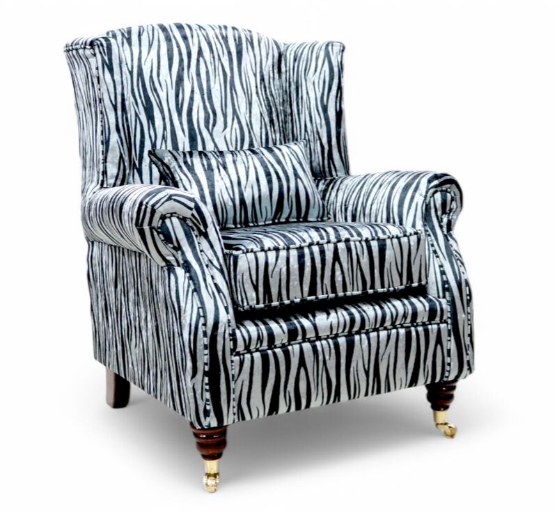 Wing Chair Fireside High Back Armchair Zebra Silver Animal Print Fabric