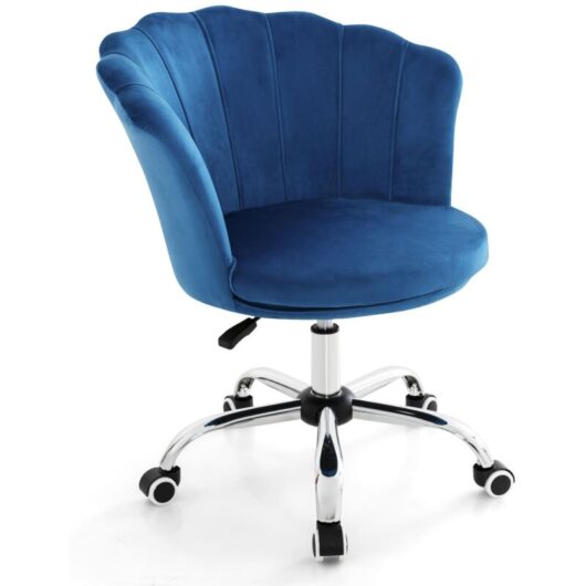 Adjustable Vanity Chair Upholstered Velvet Arm Chair w/Wheels-Blue - Costway