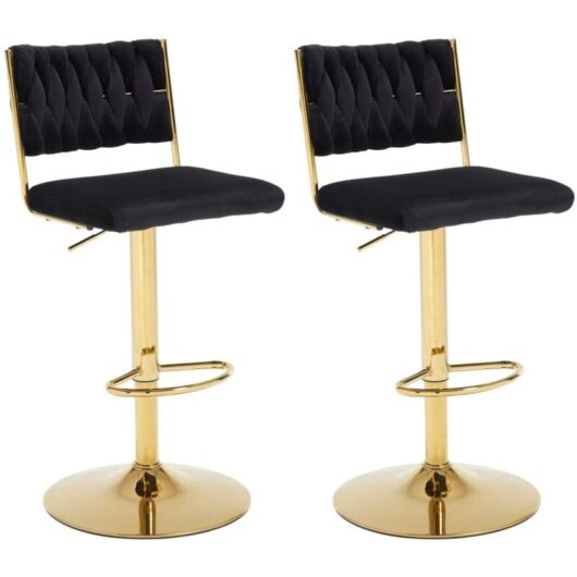 Bar Stools Set of 2 in Velvet Knitted Backrest Modern Counter Chairs Height Adjustable for Kitchen Home Bar Restaurant, Black, Chairus