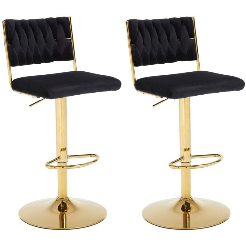 Bar Stools Set of 2 in Velvet Knitted Backrest Modern Counter Chairs Height Adjustable for Kitchen Home Bar Restaurant, Black, Chairus