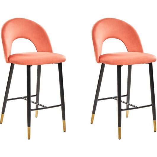 Beliani - Retro Set of 2 Velvet Bar Chairs Coral Red Black Steel Legs Golden Details Falton