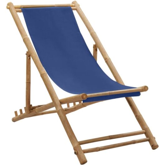 Deck Chair Bamboo and Canvas Navy Blue Vidaxl