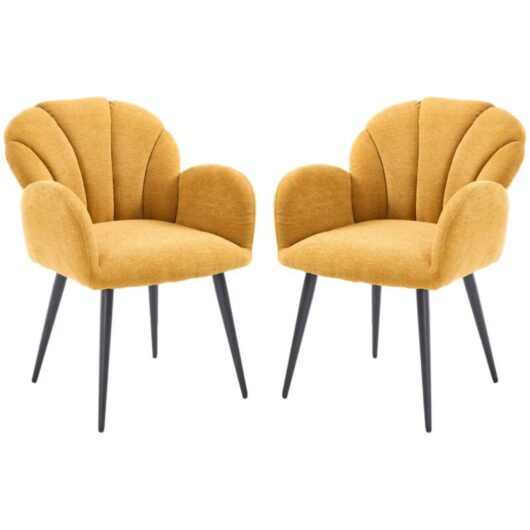 Dining Chairs Set of 2 in Chenille Tick Padded Leisure Corner Chairs with Special Shell-Shaped Backrest for Kitchen Living Room, Yellow, Wahson