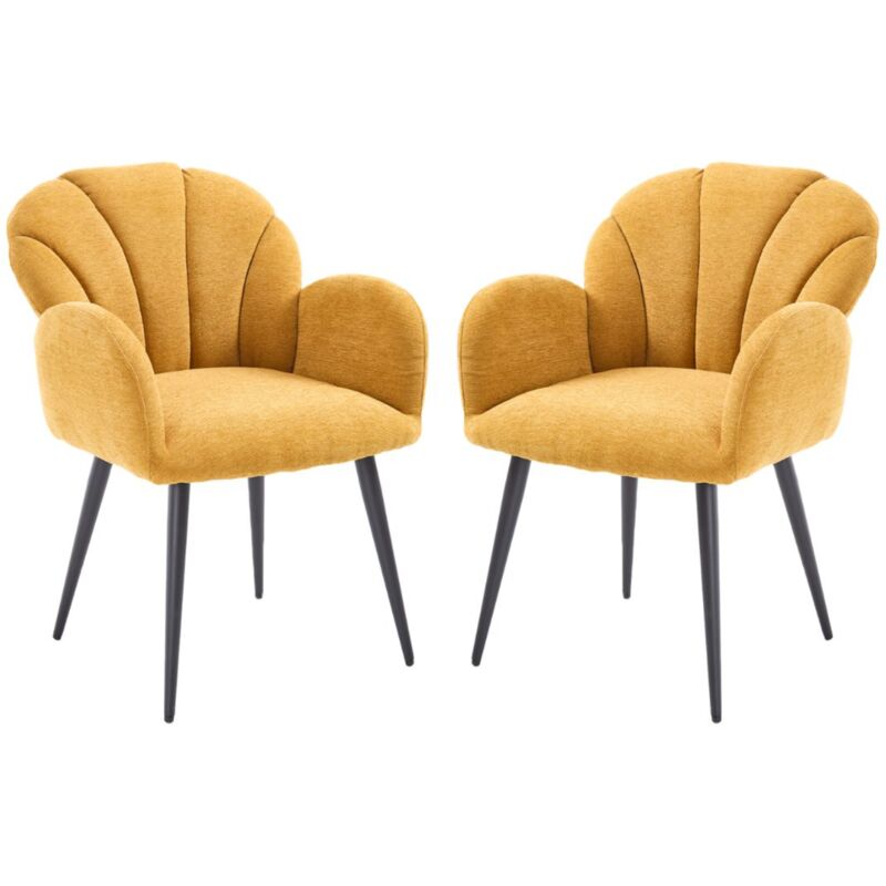 Dining Chairs Set of 2 in Chenille Tick Padded Leisure Corner Chairs with Special Shell-Shaped Backrest for Kitchen Living Room, Yellow, Wahson