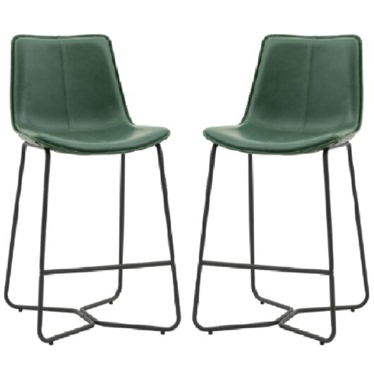Holland Green Leather Bar Chairs With Metal Frame In Pair