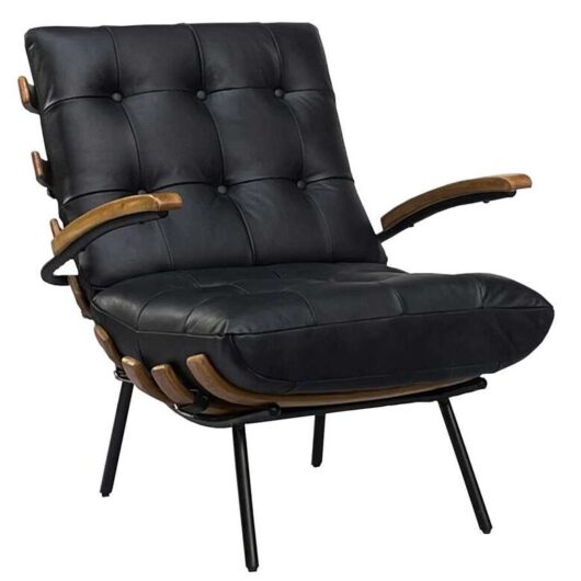 Horley Vintage Leather Lounge Chair Black Tufted Armchair with Wooden Accents