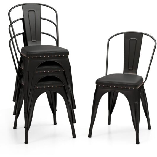 Metal Dining Chair Set of 4 Indoor Stackable Kitchen Chairs-Black Grey - Costway