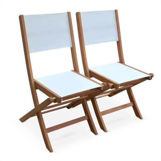 Pair of foldable wooden garden chairs, Almeria, White, 50x58.7x89 cm