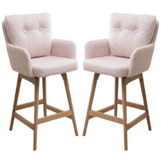 Petaluma Blush Pink Fabric Bar Chairs With Oak Legs In Pair