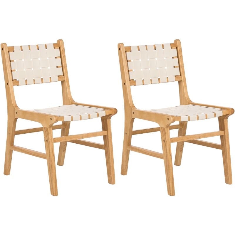 Set of 2 Dining Chairs Rubber Wood Frame Faux Leather Seat and Backrest Dining Room Light Brown Humble