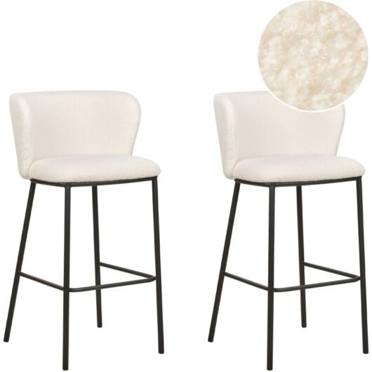 Set of 2 Modern Bar Chairs Stools Boucle Upholstered Seat Armless Curved Back Black Legs White Mina