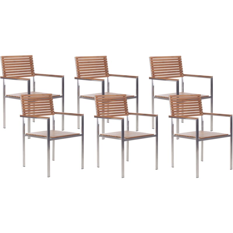 Set of 6 Garden Dining Chairs Stainless Steel Frame Certified Teak Solid Wood Light and Silver Viareggio ii
