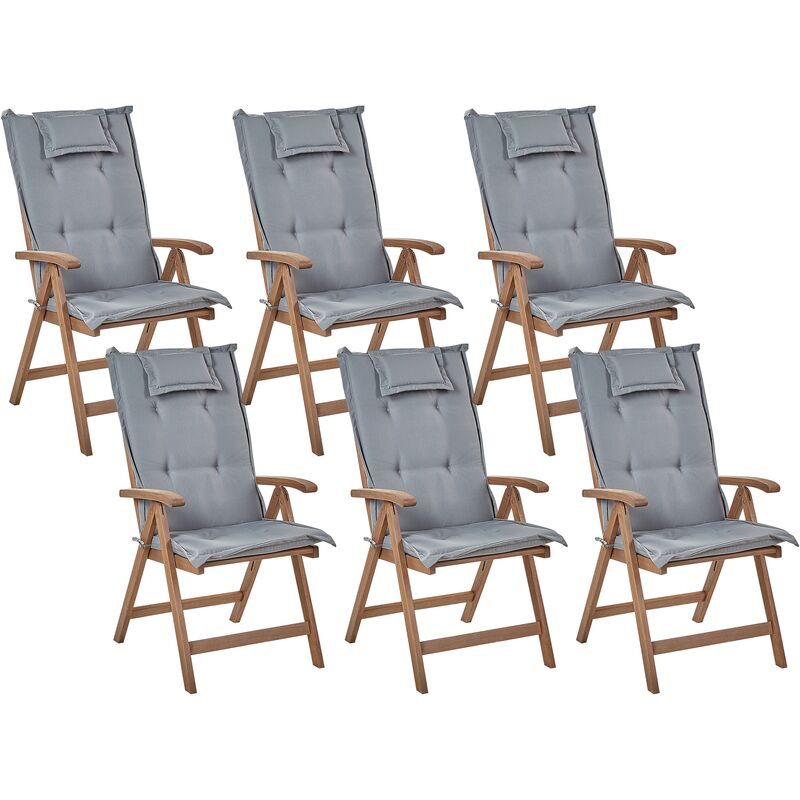 Set of 6 Rustic Garden Chairs Natural Acacia Wood Adjustable Foldable with Armrests Dark Wood Grey Cushions Amantea