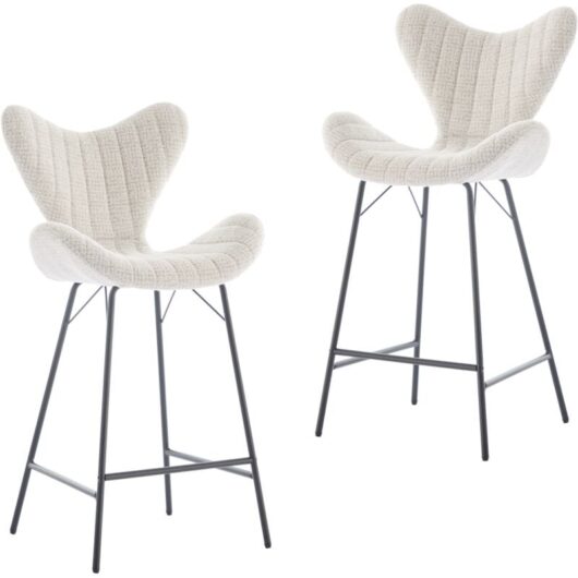 Bar Stools 2Pcs in Chenille Fabric Modern Counter Chairs with Stylish Designed Backrest for Home Bar Restaurant, White, Wahson