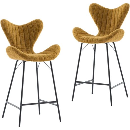 Bar Stools 2Pcs in Chenille Fabric Modern Counter Chairs with Stylish Designed Backrest for Home Bar Restaurant, Yellow, Wahson