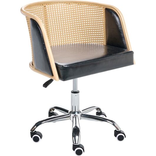 Beliani - Retro Office Chair Faux Leather pe Rattan Viennese Braid Backrest Swivel Adjustable Black Elkhart