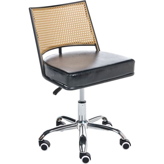Beliani - Retro Office Chair Faux Leather pe Rattan Viennese Braid Backrest Swivel Adjustable Black Nome