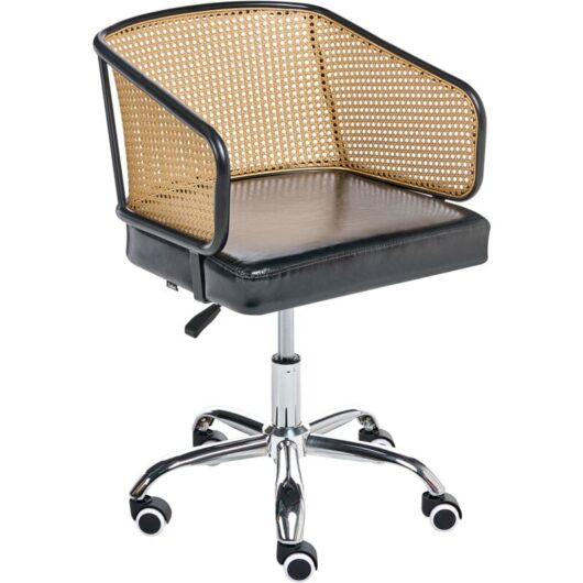 Beliani - Retro Office Chair Faux Leather pe Rattan Viennese Braid Backrest Swivel Adjustable Black Tucson