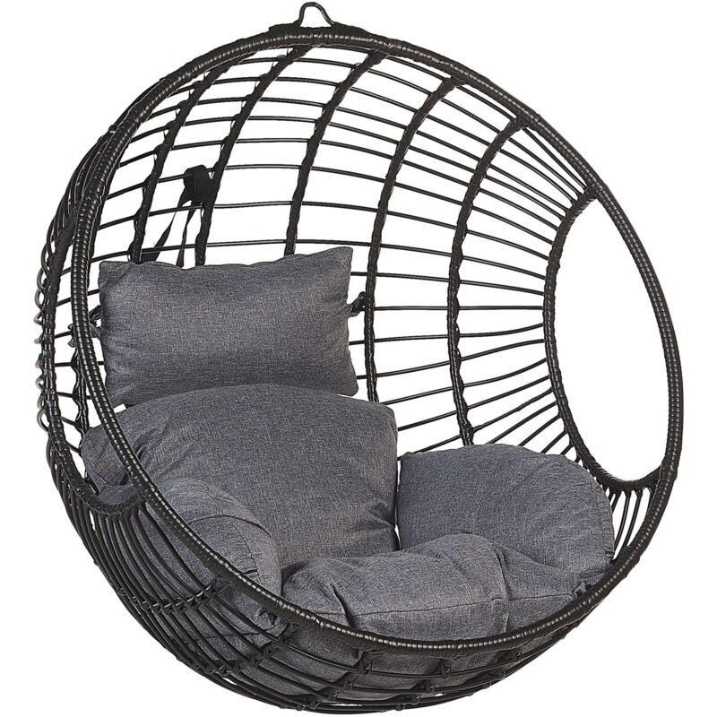 Boho Black Rattan Hanging Chair without Stand Indoor-Outdoor Wicker Round Aspio