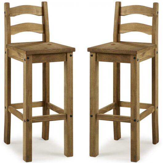 Carlen Distressed Oak Wooden Bar Chairs In Pair