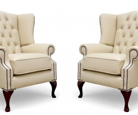 Chesterfield 2 x Mallory Queen Anne Wing Chairs Ivory Leather