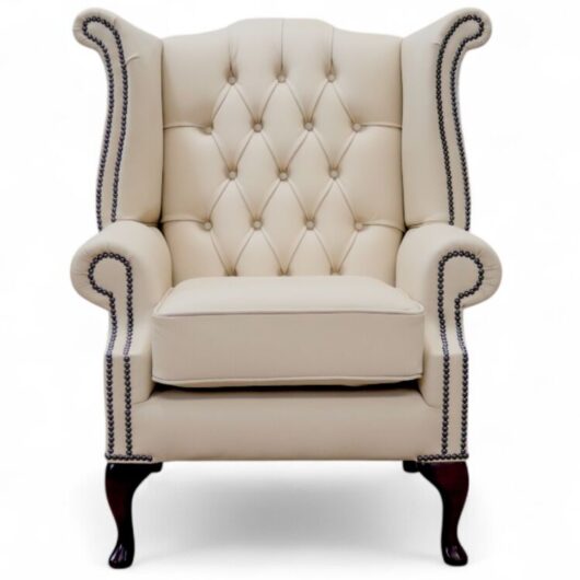 Chesterfield Queen Anne High Back Wing Chair Ivory Cream Leather