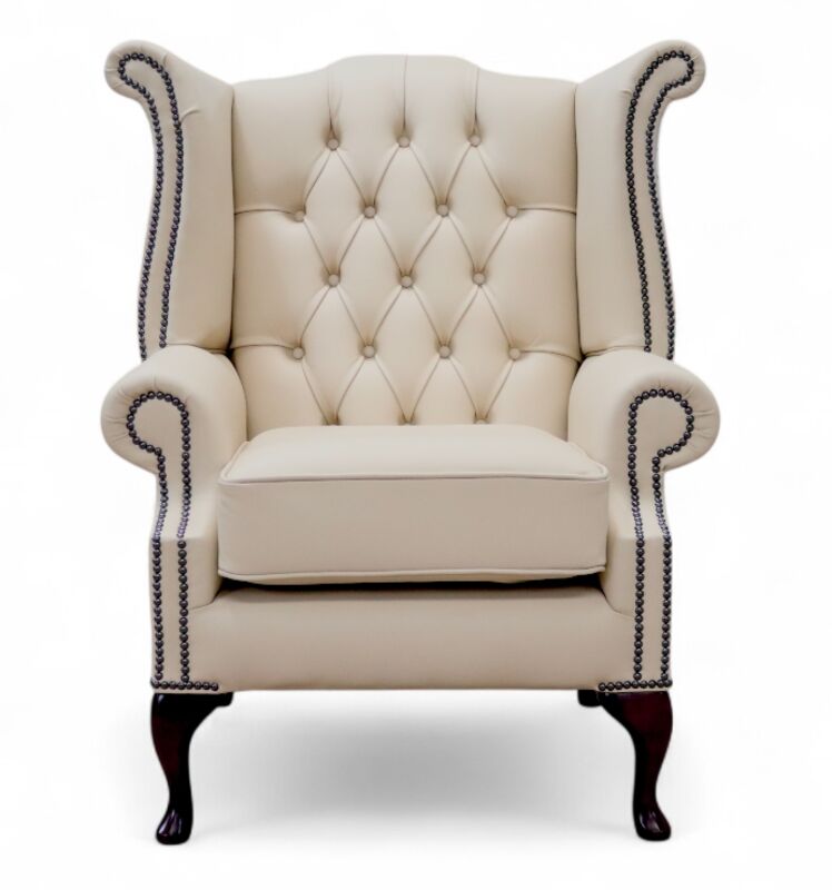 Chesterfield Queen Anne High Back Wing Chair Ivory Cream Leather