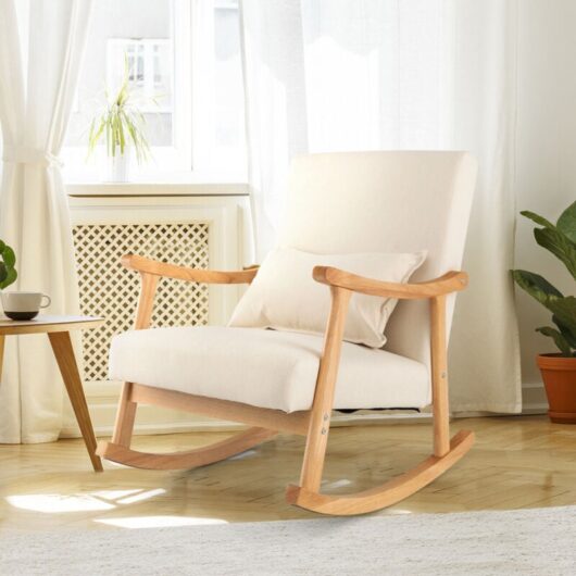 Costway - Upholstered Rocking Chair Bedroom Modern Wooden Single Accent Rocker-Beige