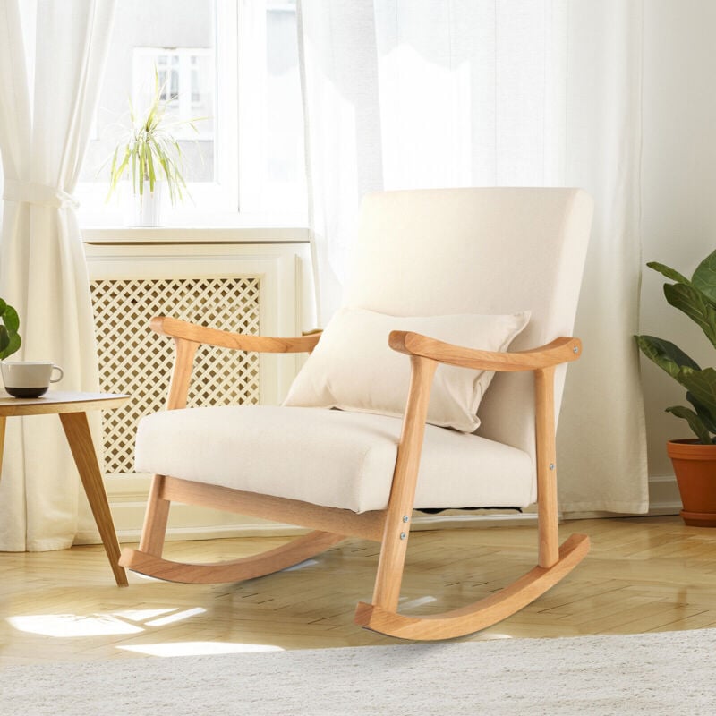 Costway - Upholstered Rocking Chair Bedroom Modern Wooden Single Accent Rocker-Beige