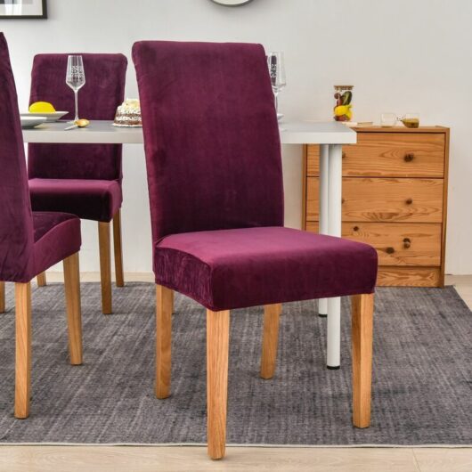 Dewdat - Velvet Chair Cover, Stretch Spandex with Elastic Band, Large Velvet Lady Dining Chair for Restaurant Hotel Party Banquet (Purple,4 Pack)