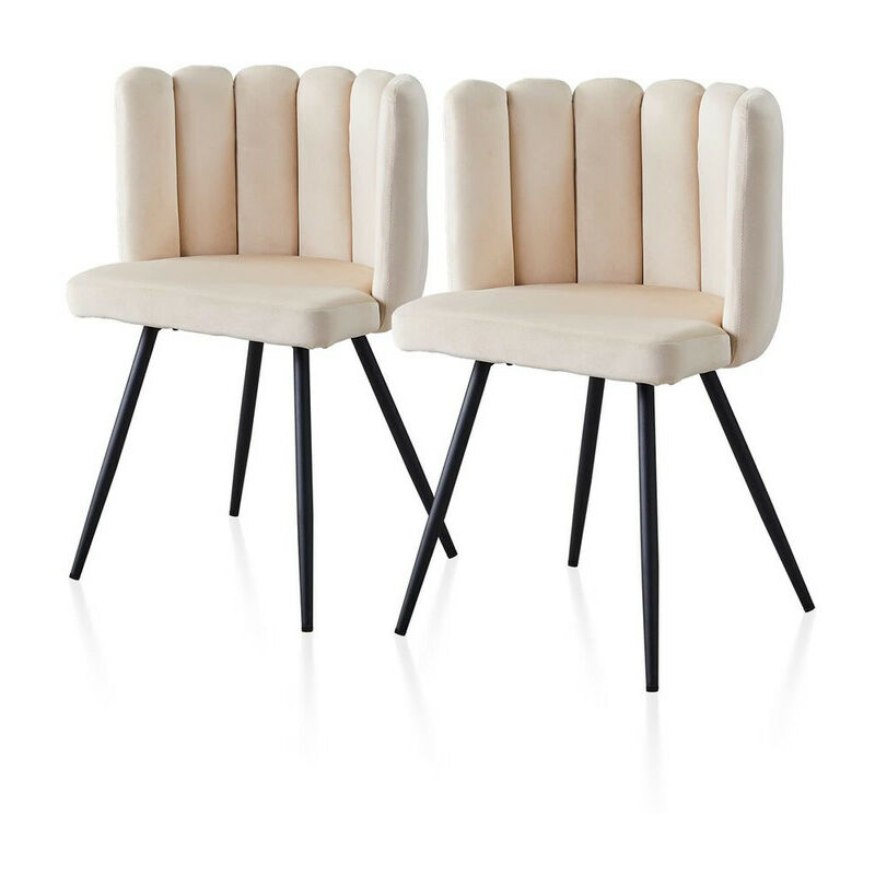 Dining Chair,2x Velvet Thick Padded Upholstered Seat with Black Metal Legs, Cream