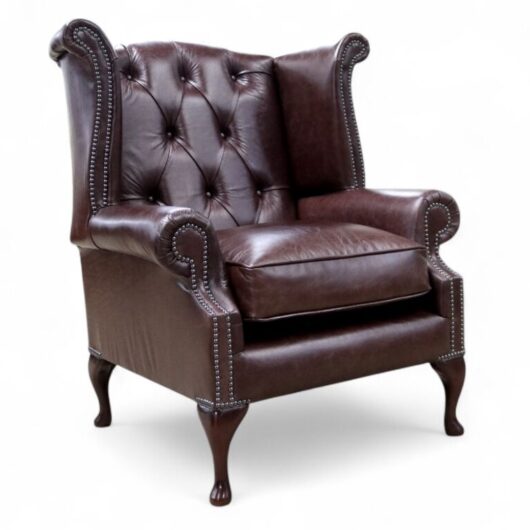 Duke Chesterfield Queen Anne High Back Wing Chair Old English Red Brown Leather